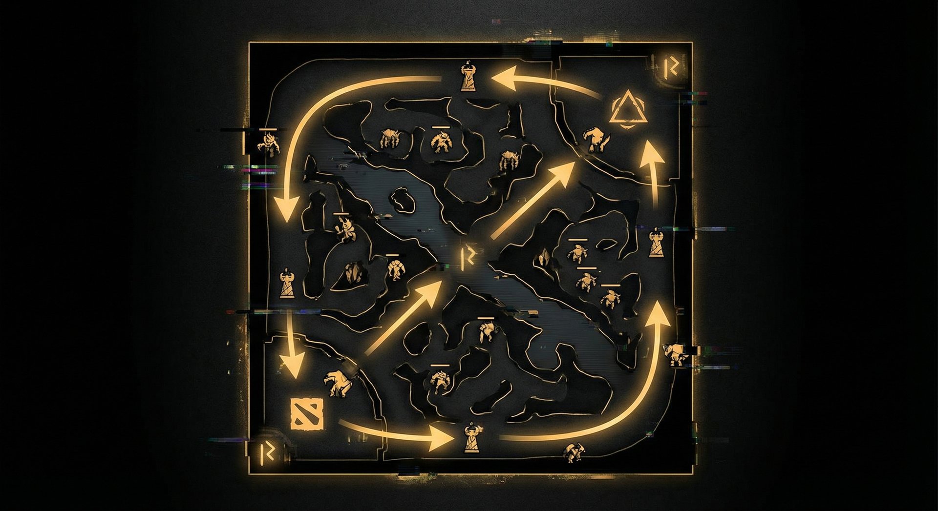 Dota 2 minimap with arrows showing an efficient farming route through the jungle triangle, lane, and back to the triangle