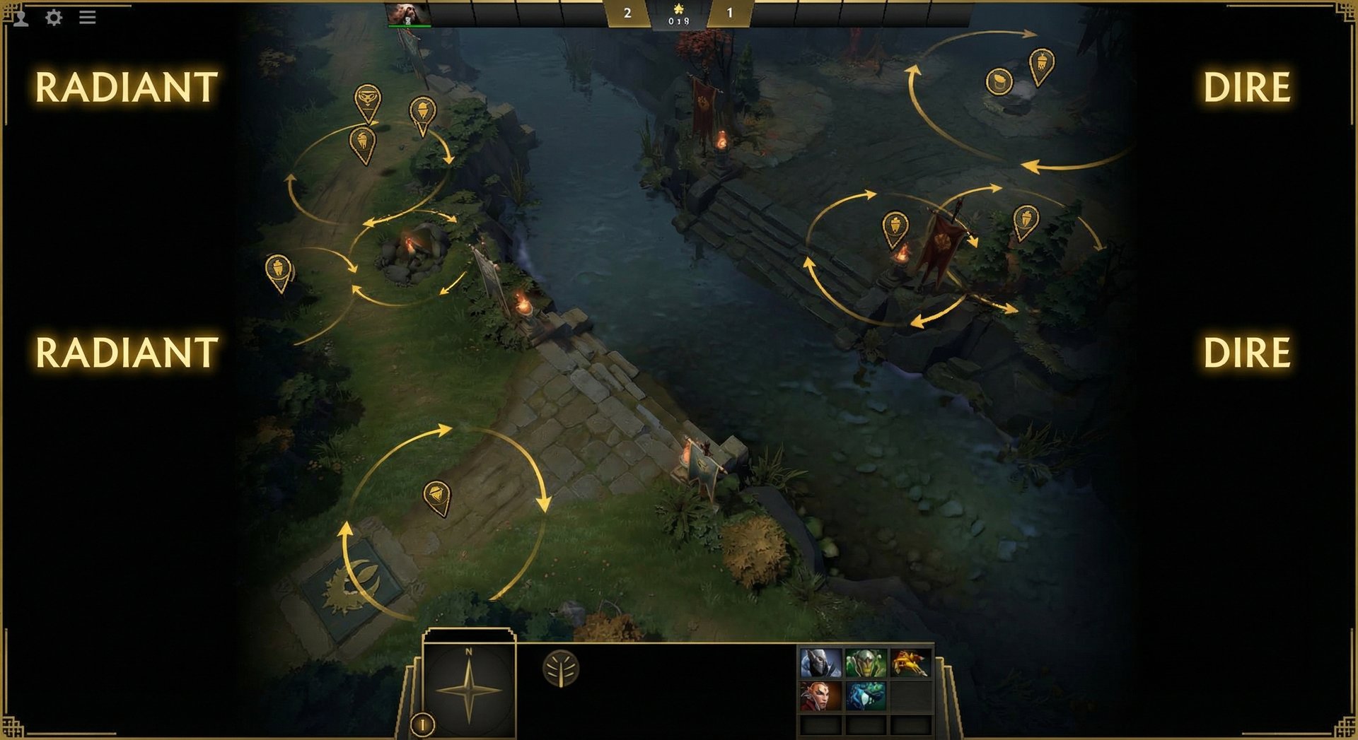 Detailed in-game screenshot showing optimal early-game ward positions for both Radiant and Dire sides during the laning phase