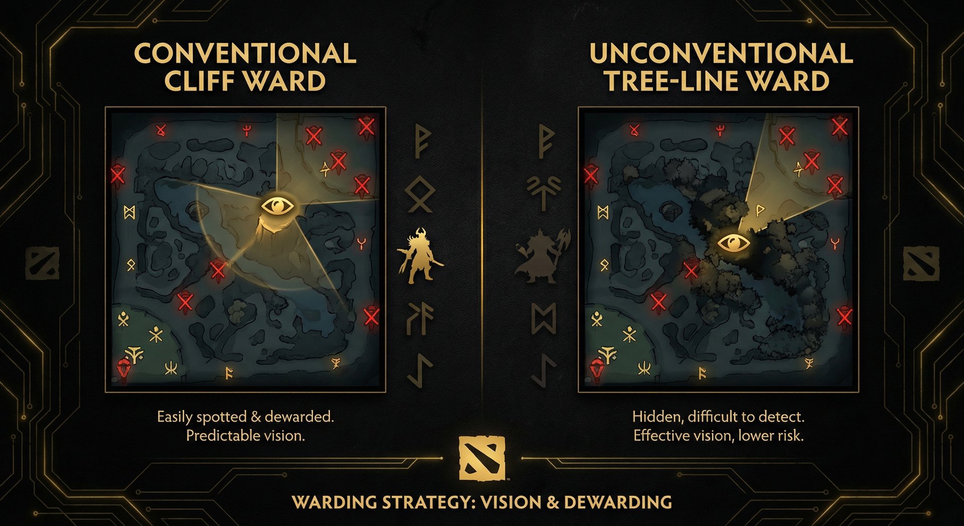 Side-by-side comparison of conventional cliff ward spots vs. unconventional tree-line ward spots, showing how the unconventio