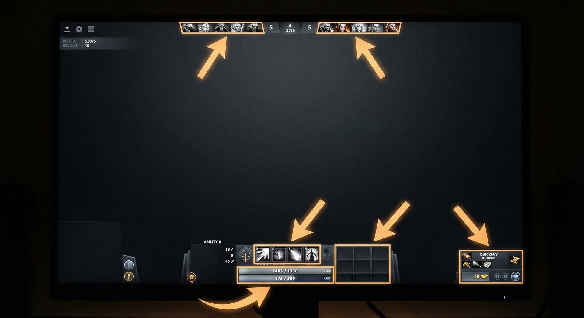 A close-up of the Dota 2 HUD showing the various elements that can be alt-clicked, with arrows pointing to the ability bar, h
