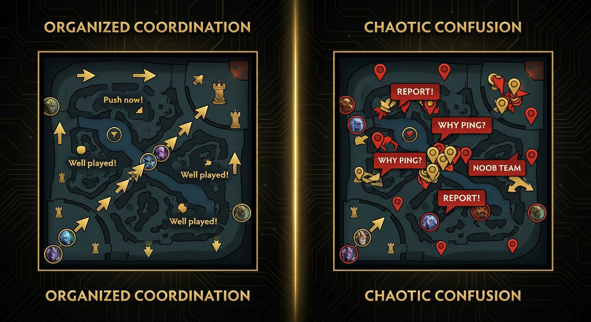 A split image showing two contrasting team communication scenarios - one with organized pings and chat wheel usage leading to