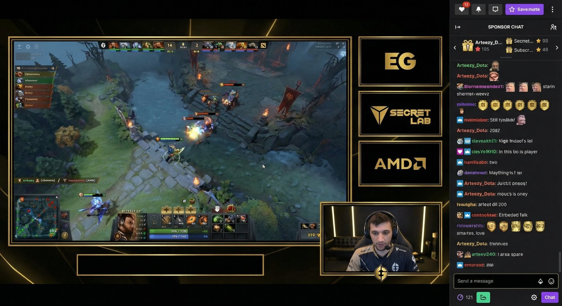 A Twitch-style streaming setup screenshot showing a professional Dota 2 player streaming with gameplay on the main screen and