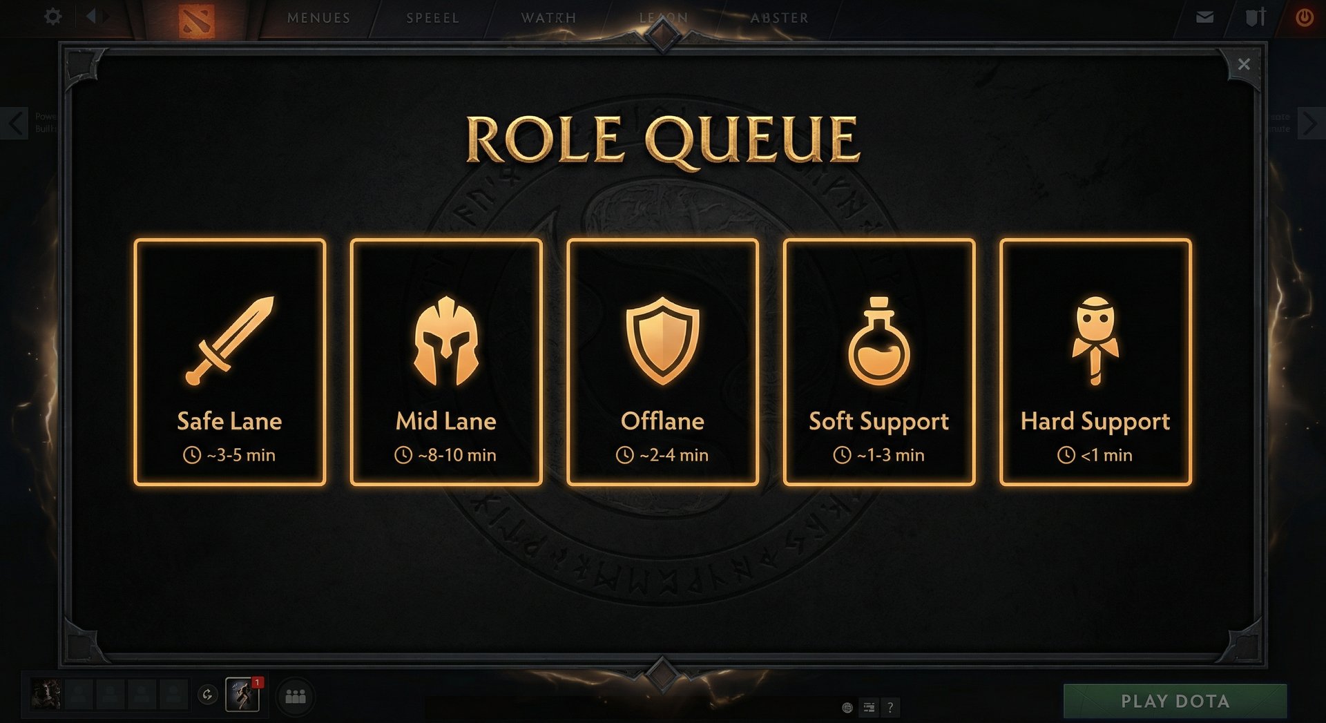 A screenshot of the Dota 2 role queue selection screen showing all five role options with estimated queue times for each role