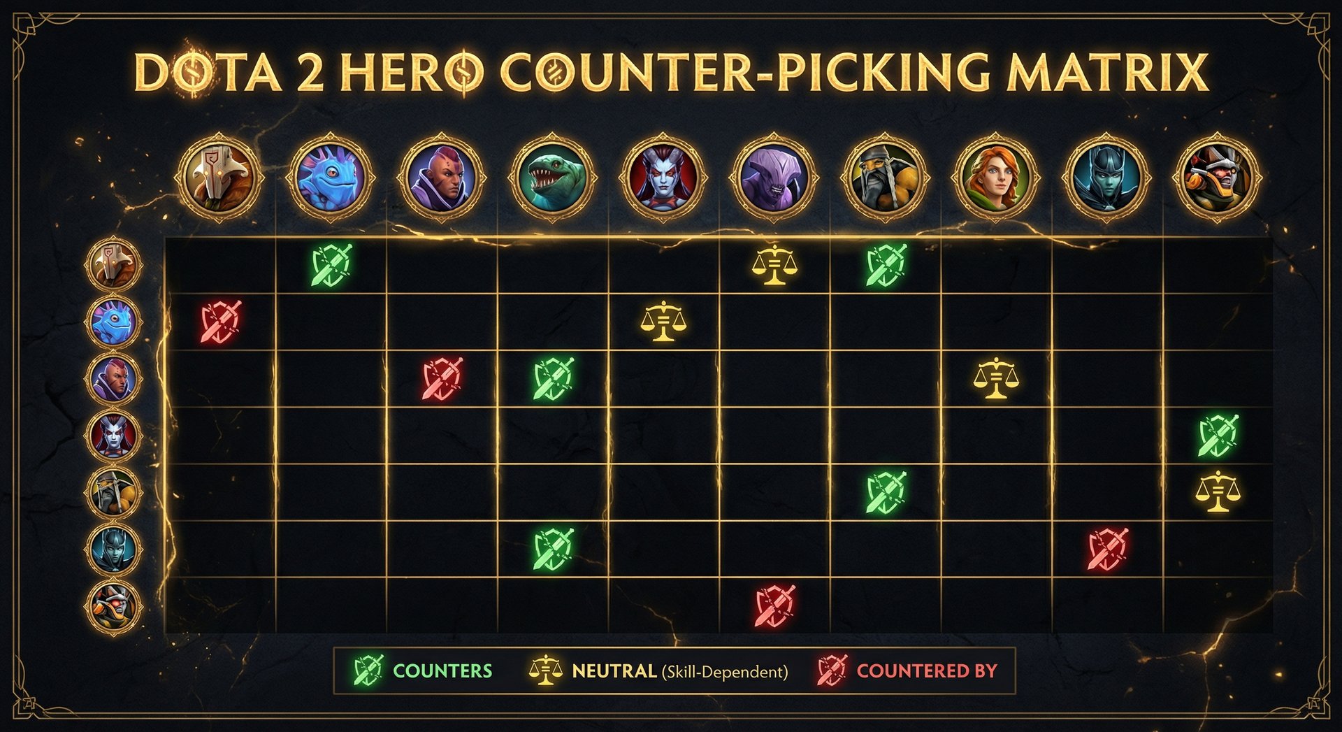 Infographic showing a counter-picking matrix with popular Dota 2 heroes on both axes, with green (counters), yellow (neutral)