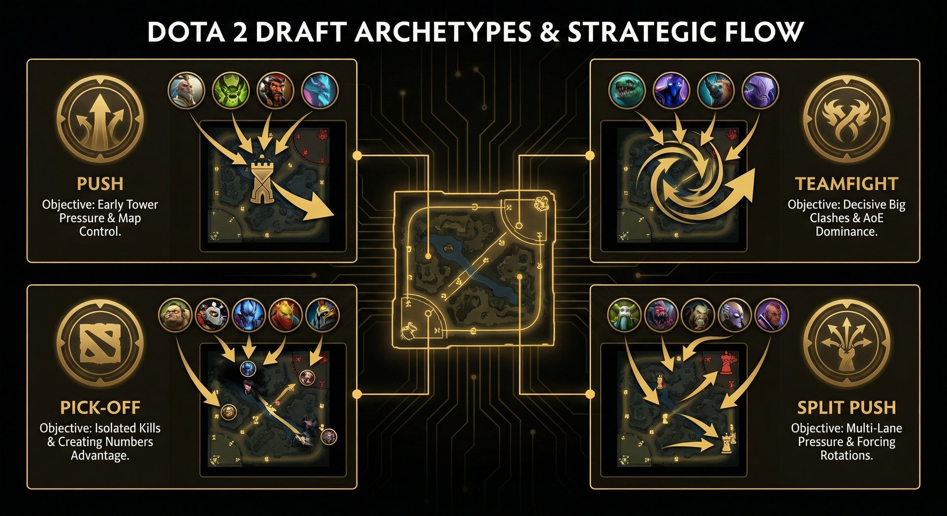 Diagram showing four draft archetypes (Push, Teamfight, Pick-off, Split Push) with example hero lineups and arrows indicating