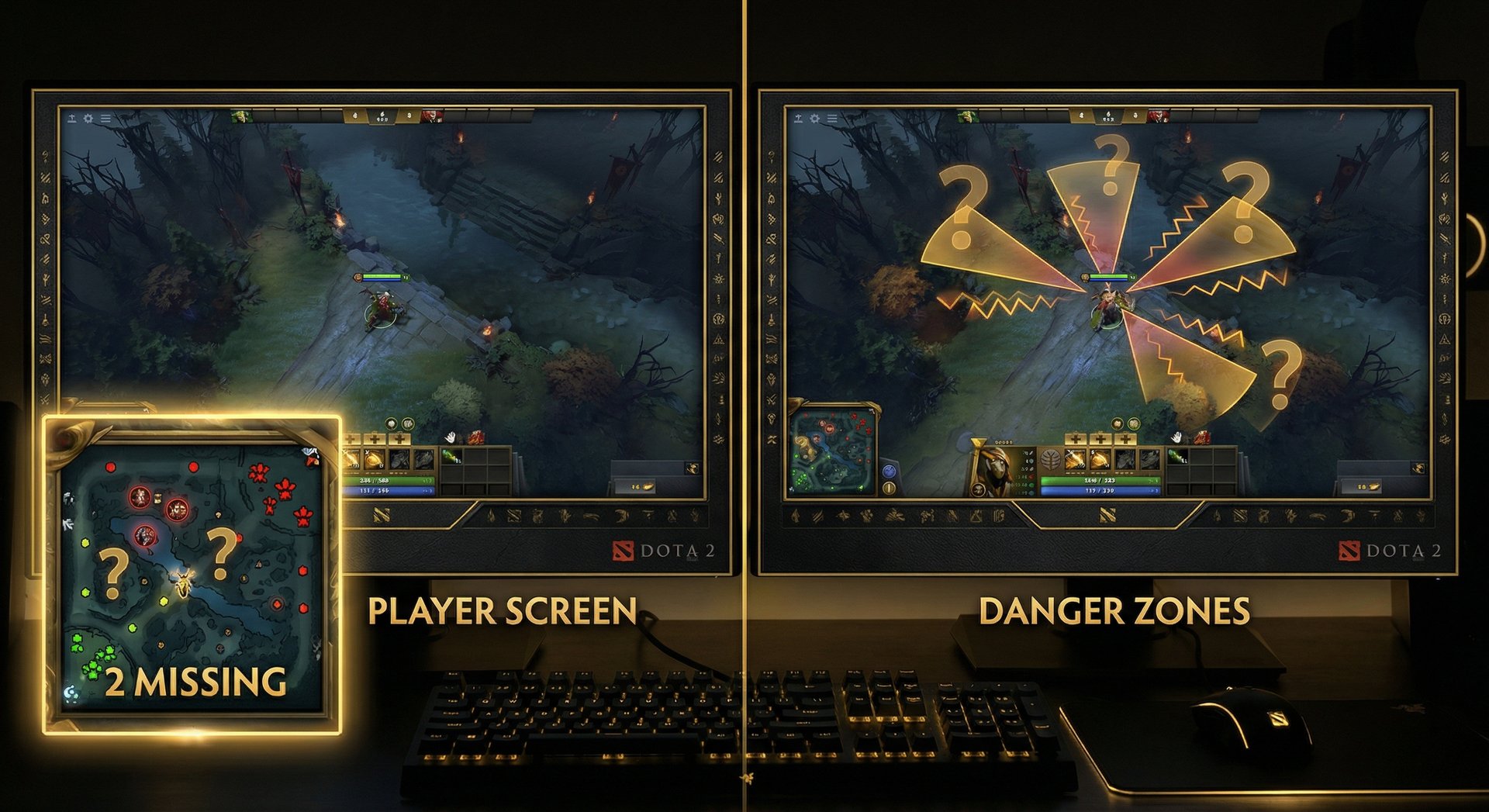 Split-screen showing a player's screen with highlighted minimap area showing 3 enemy heroes visible and 2 missing, with dange