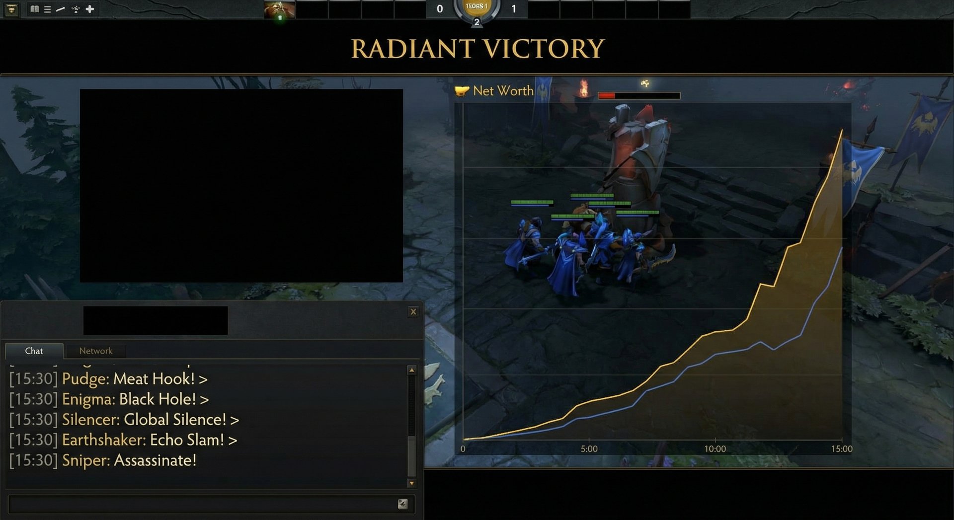 Post-teamfight screenshot showing a team pushing objectives after winning a 5v5 fight, with the chat log showing coordinated 