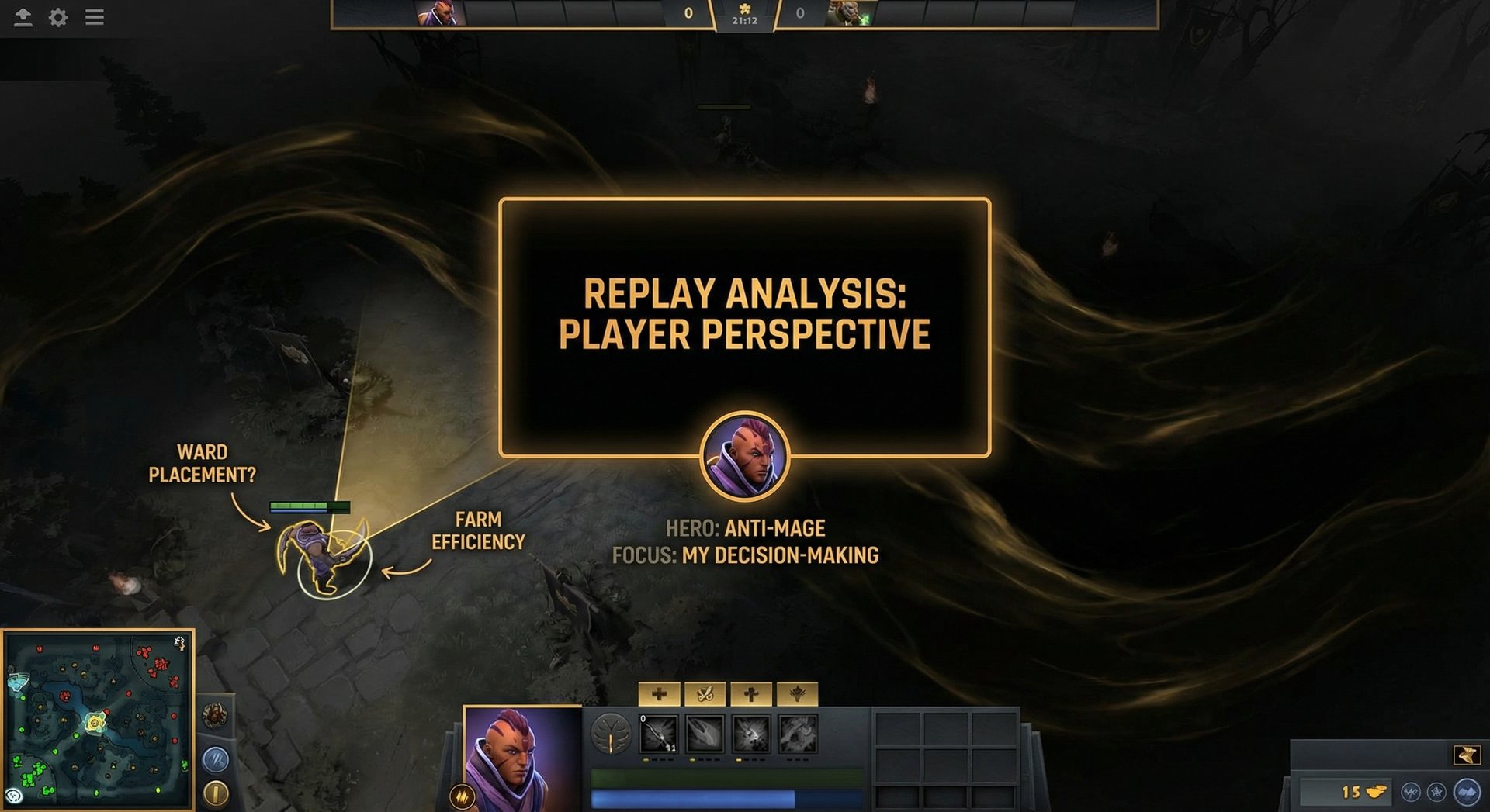 Screenshot of a Dota 2 replay analysis screen showing a player's hero with the map fog and player perspective highlighted, de
