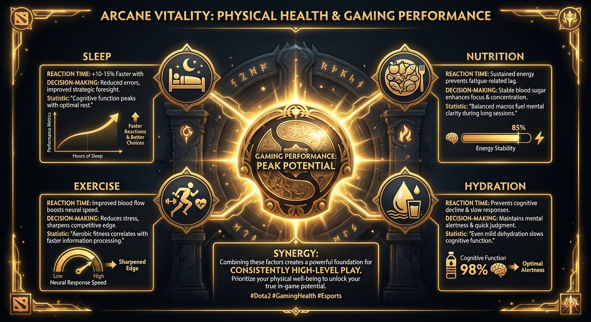 Infographic showing the relationship between physical health factors (sleep, nutrition, exercise, hydration) and gaming perfo