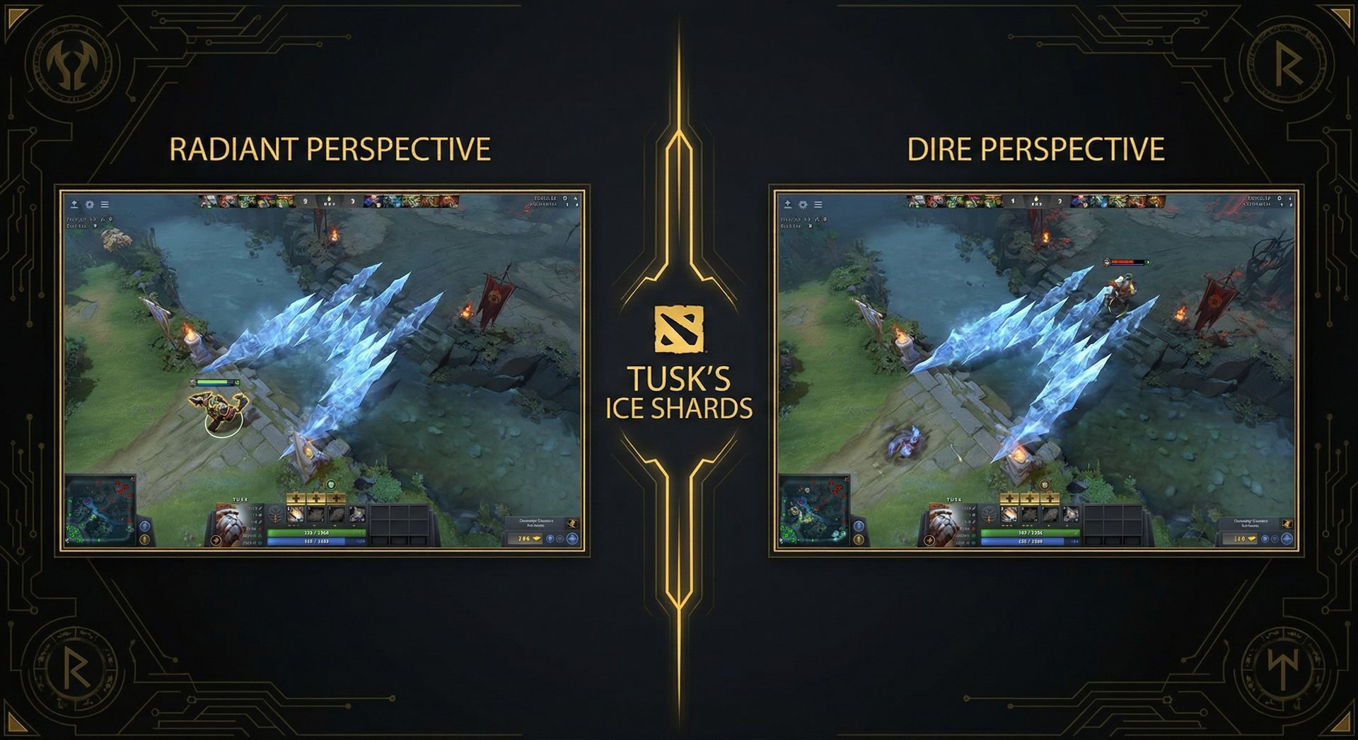 A side-by-side comparison showing Tusk's Ice Shards placement cutting off retreat paths in the mid lane from both Radiant and