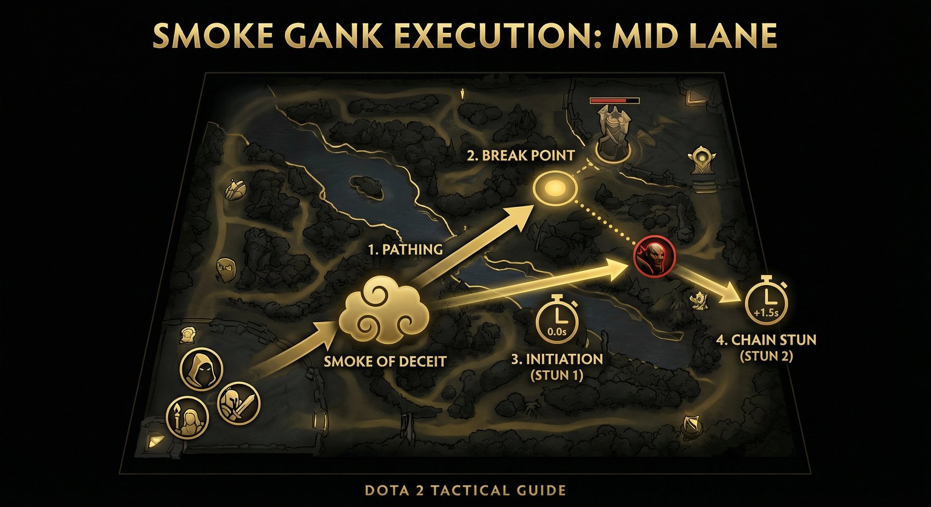 A step-by-step visual showing a smoke gank execution on the enemy mid laner, with numbered arrows showing movement path, smok