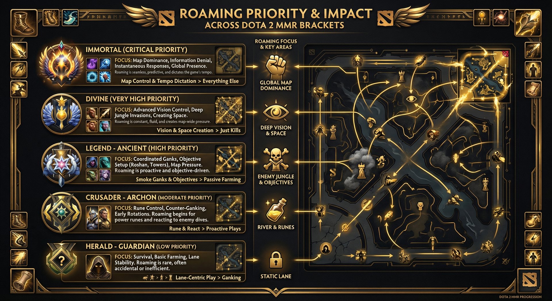 An infographic showing roaming priority differences across MMR brackets from Herald to Immortal, with key focus areas highlig