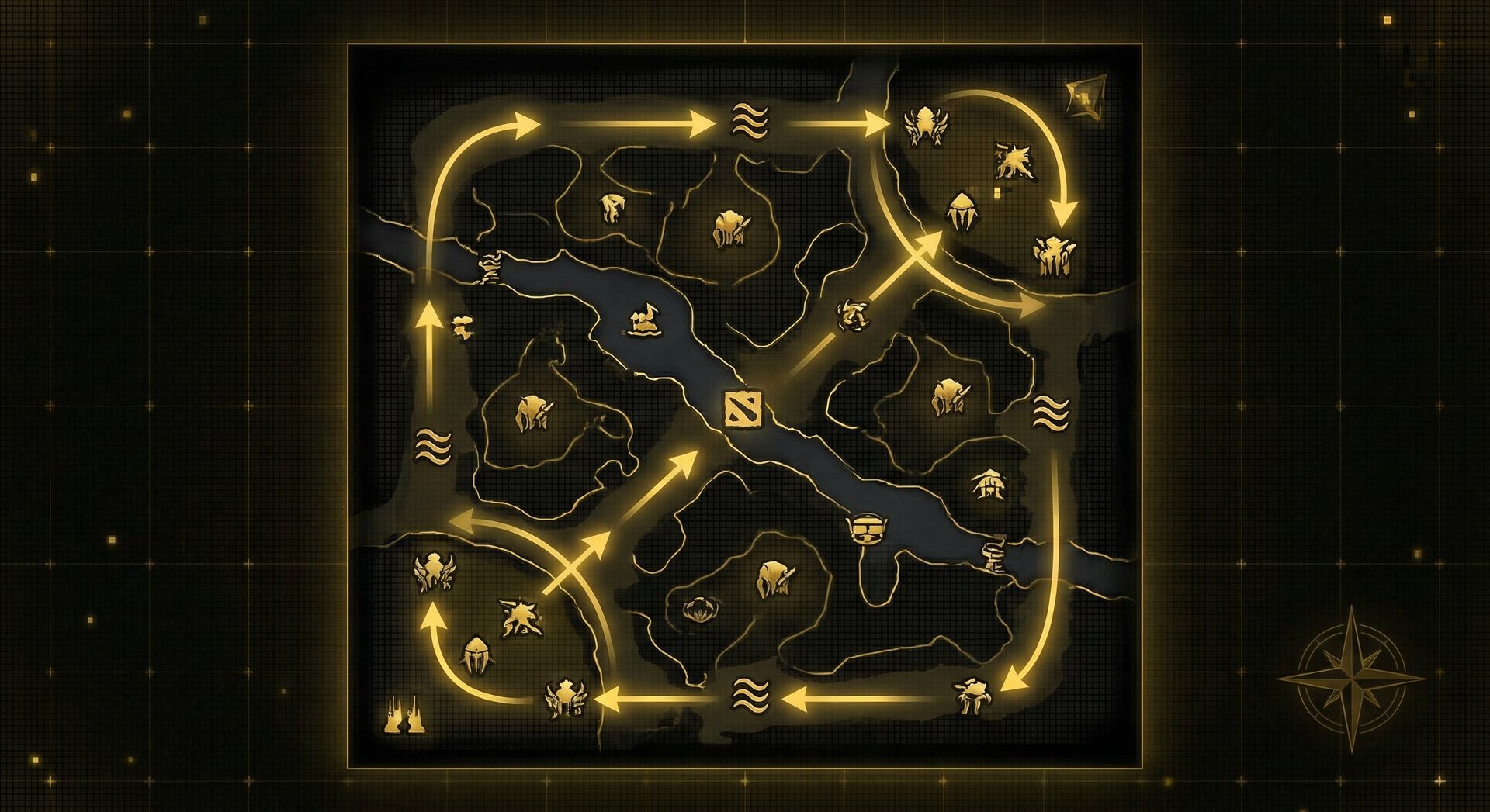 A top-down minimap view showing optimal carry farming patterns for both Radiant and Dire, with arrows indicating movement bet