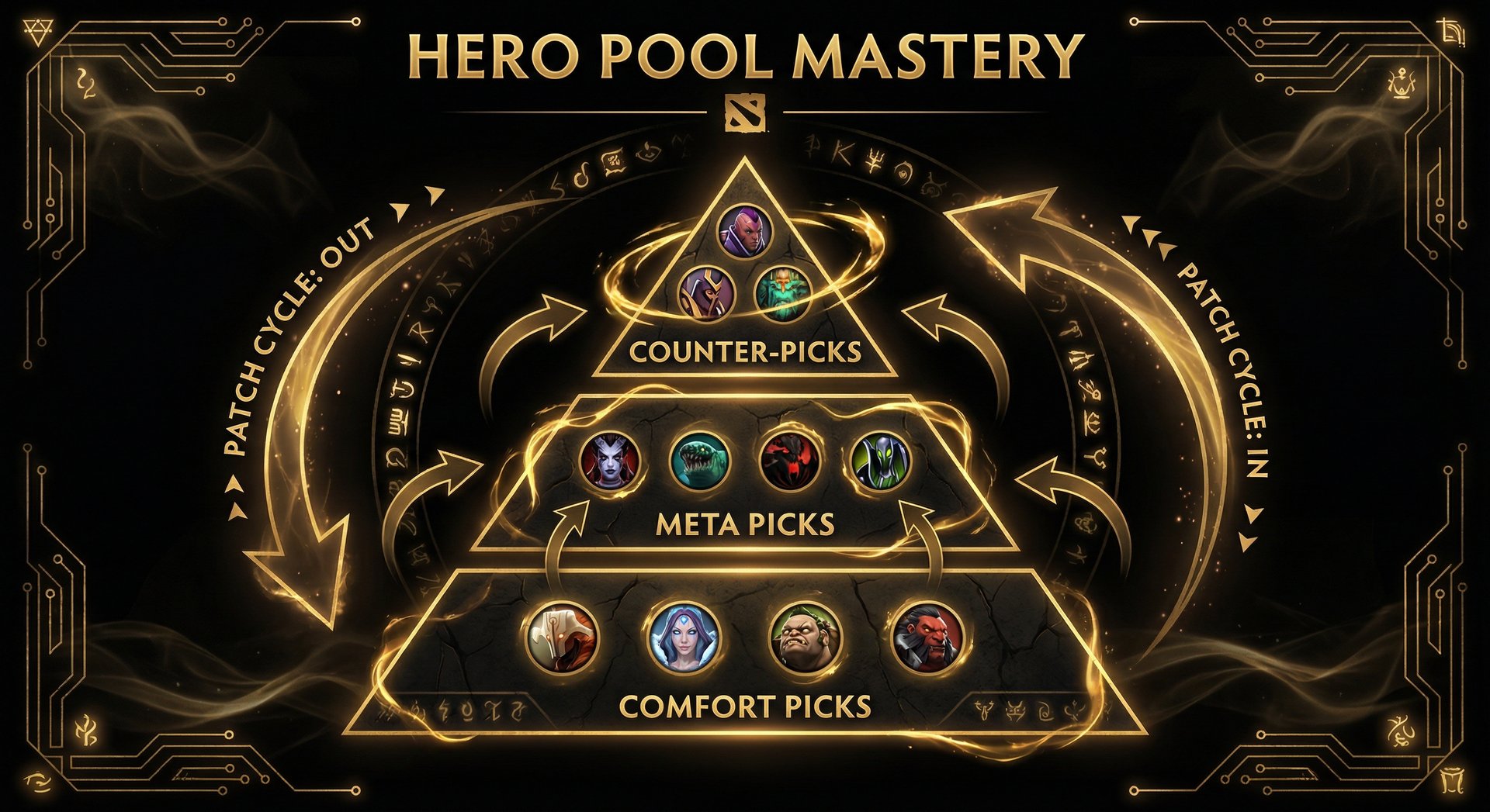 A hero pool management diagram showing comfort picks, meta picks, and counter-picks arranged in a pyramid structure, with rot