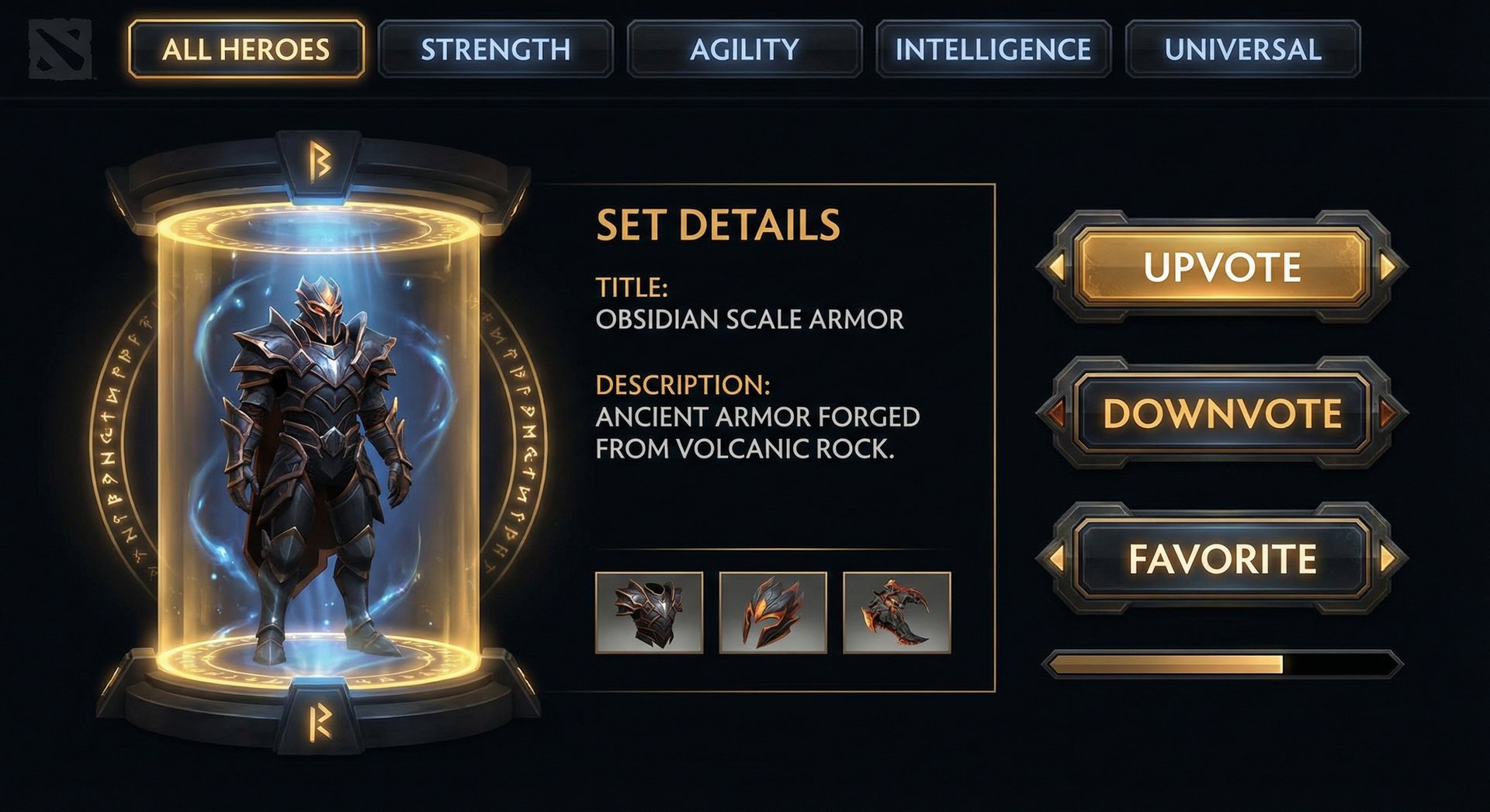 A mockup of the new Dota 2 Workshop voting interface showing a 3D hero model preview on the left, set details in the center, 