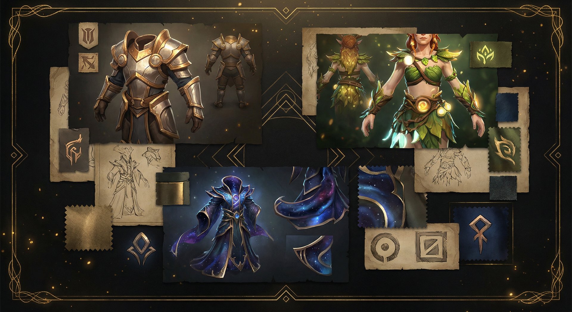 A collage/mood board of various Dota 2 Workshop cosmetic sets arranged artistically, showing the diversity of styles from orn