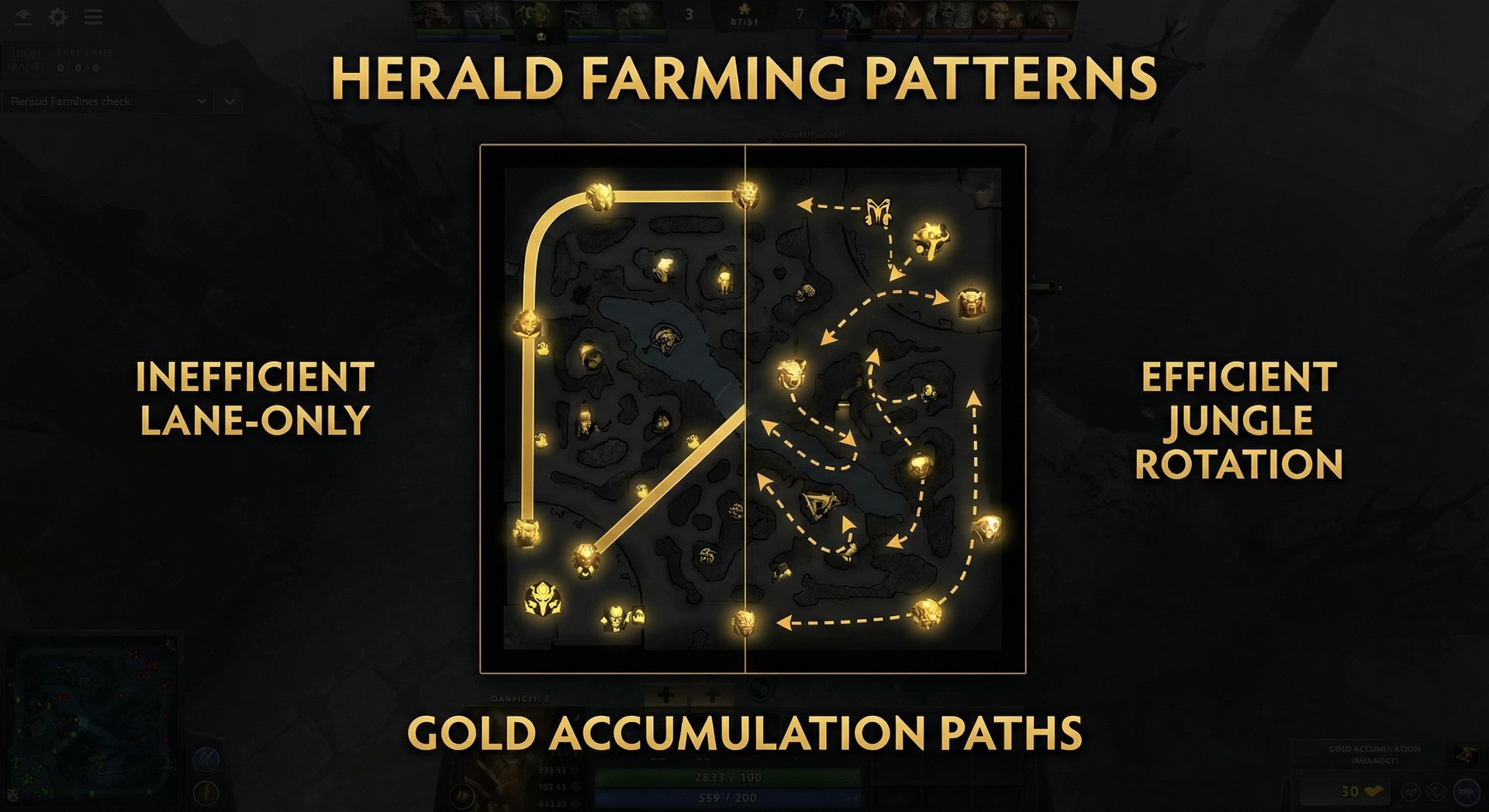 Herald carry farming patterns — showing inefficient lane-only farming vs jungle rotation routes on the minimap