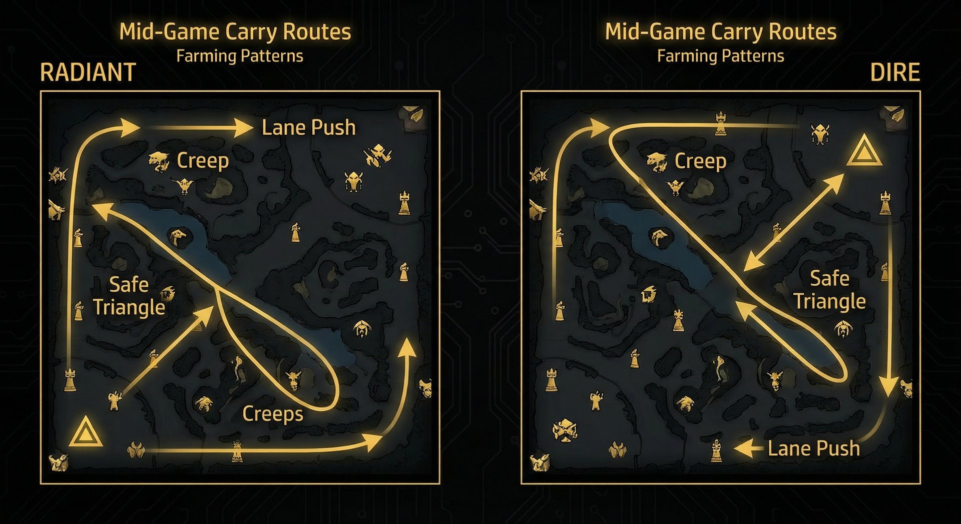 Mid-game farming route diagram showing safe triangle and lane push patterns for Radiant and Dire carry players