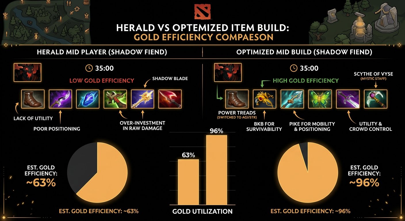 Before/after comparison of a Herald mid player's item build vs optimized item build for the same game, showing the gold effic