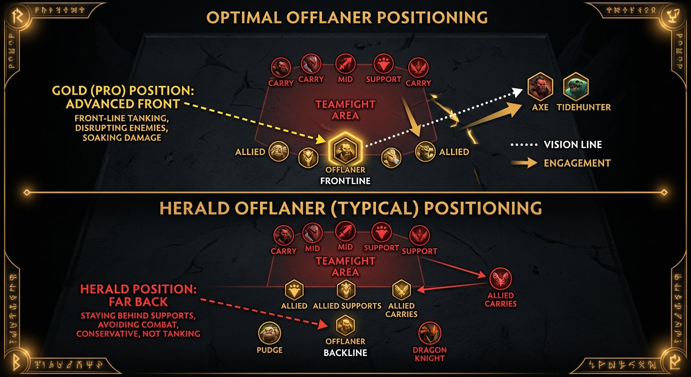 Teamfight positioning diagram showing where the offlaner should stand vs where Herald offlaners typically stand — front vs ba