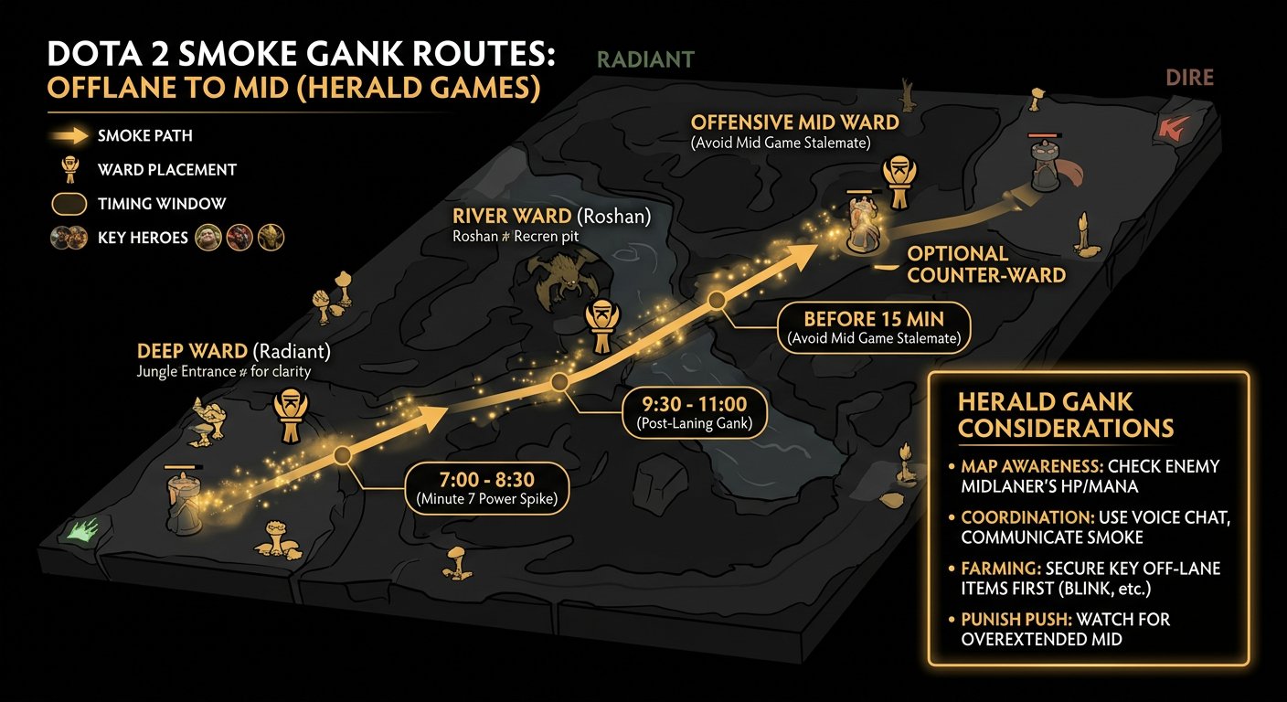 Smoke gank routes from offlane to mid, showing optimal timing windows and ward placement for Herald games