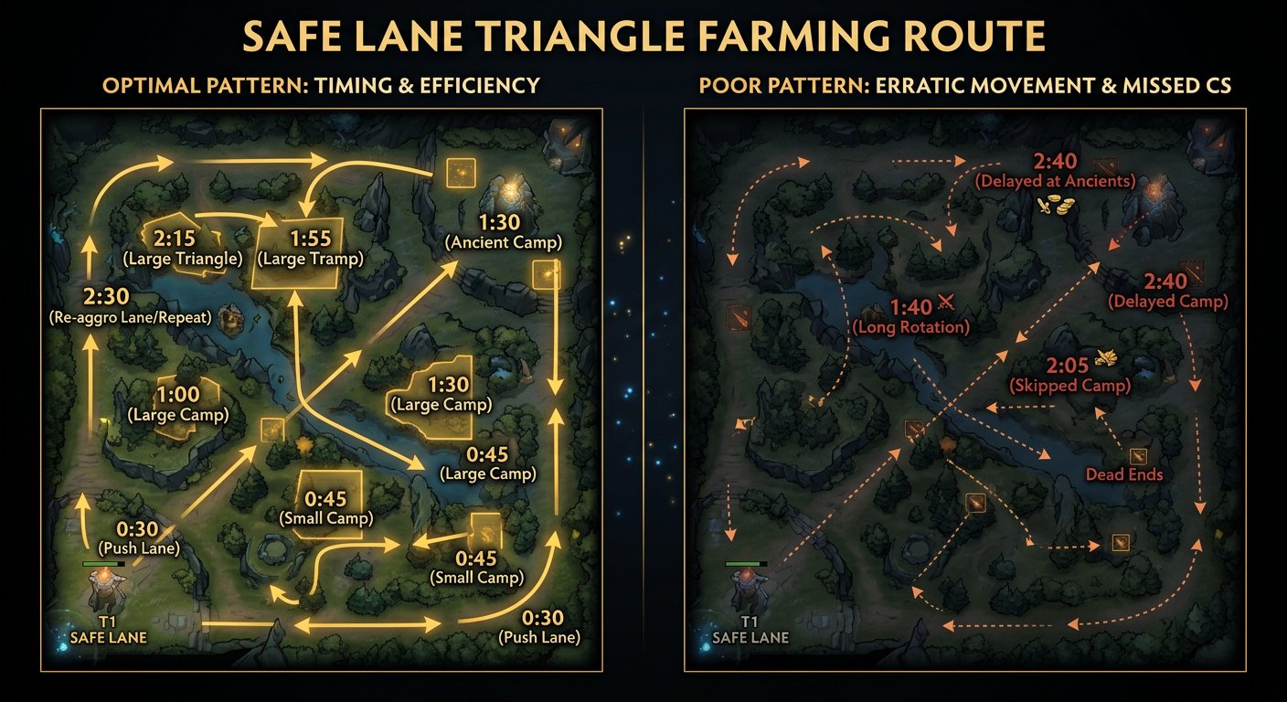 Side-by-side comparison showing optimal carry farming patterns on the Dota 2 map - safe lane triangle farming route highlight