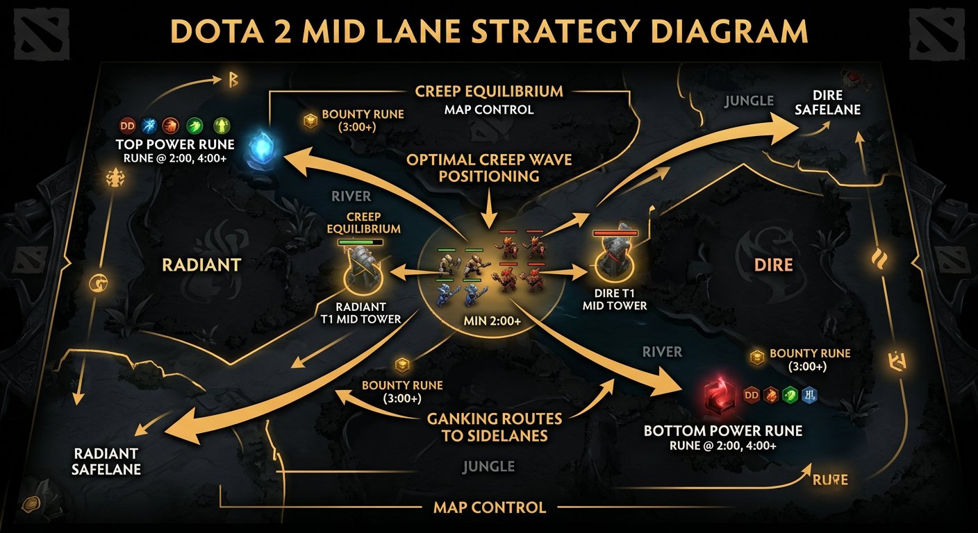 Dota 2 mid lane diagram showing optimal creep wave positioning, rune control timing, and power rune spawn locations with arro