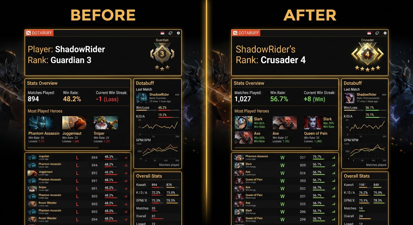 Before and after comparison showing a player's Dotabuff profile at Guardian rank with a 48% win rate transforming to Crusader