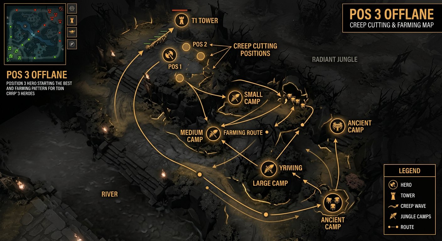 Top-down Dota 2 map showing offlane creep cutting positions behind the enemy tier 1 tower, with arrows showing farming patter
