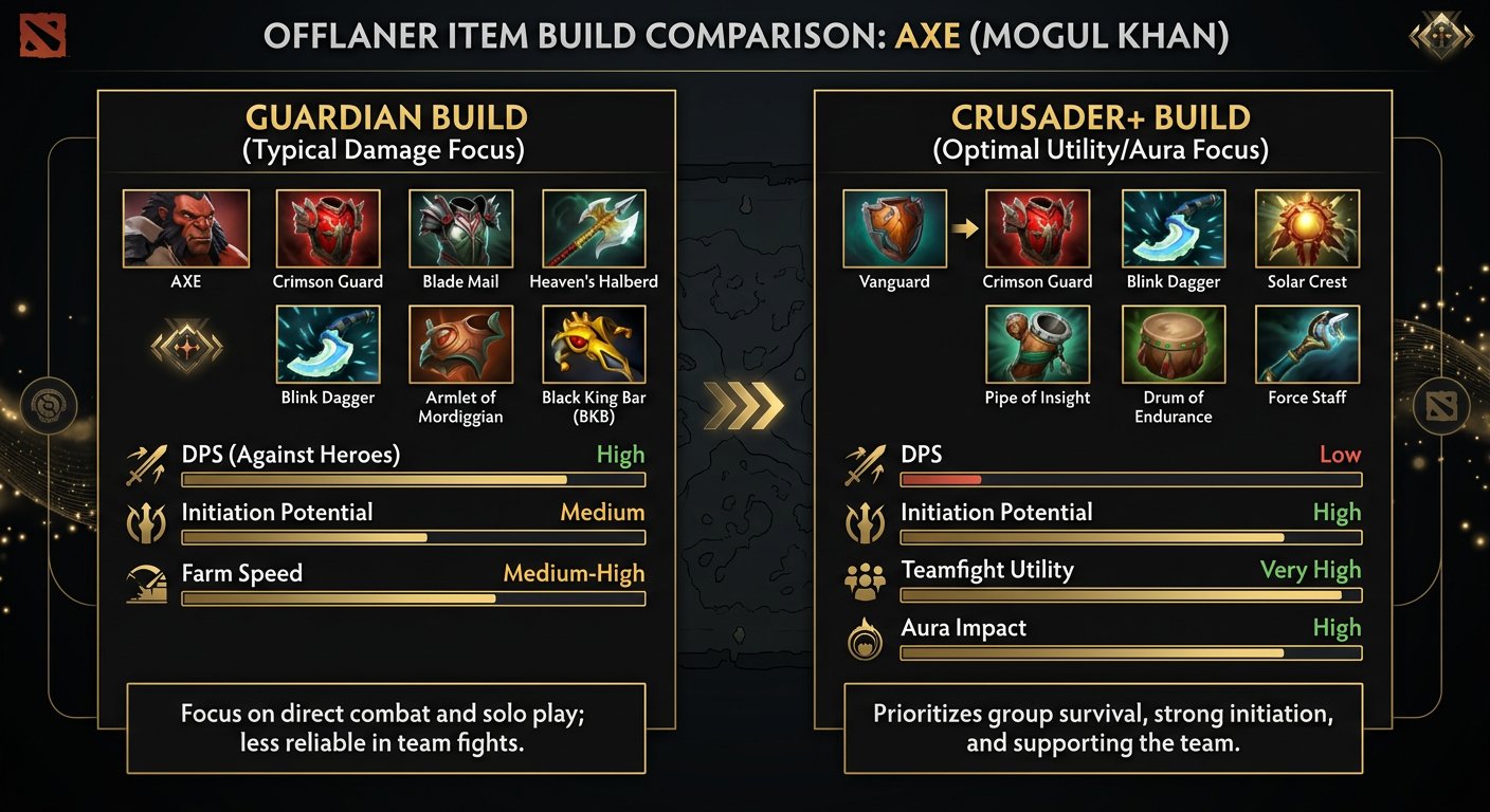 Comparison screenshot showing typical Guardian offlaner item builds (damage items) versus optimal Crusader+ offlaner builds (