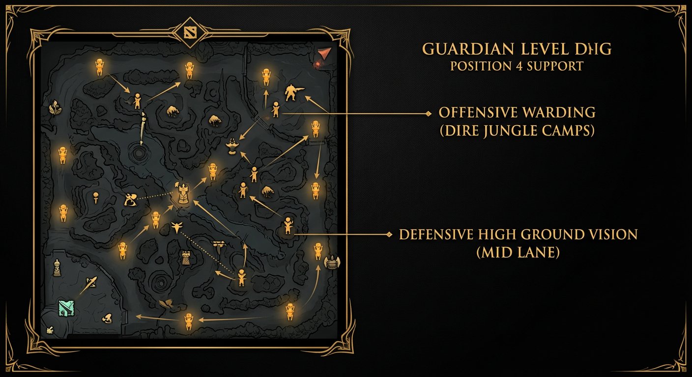 Dota 2 minimap showing optimal Position 4 ward placements at Guardian level - offensive wards near enemy jungle camps and def