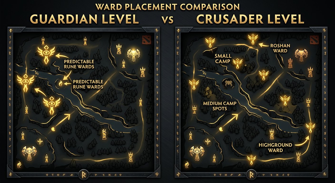 Side-by-side ward maps comparing Guardian-level ward placement (predictable rune wards only) versus Crusader-level ward place