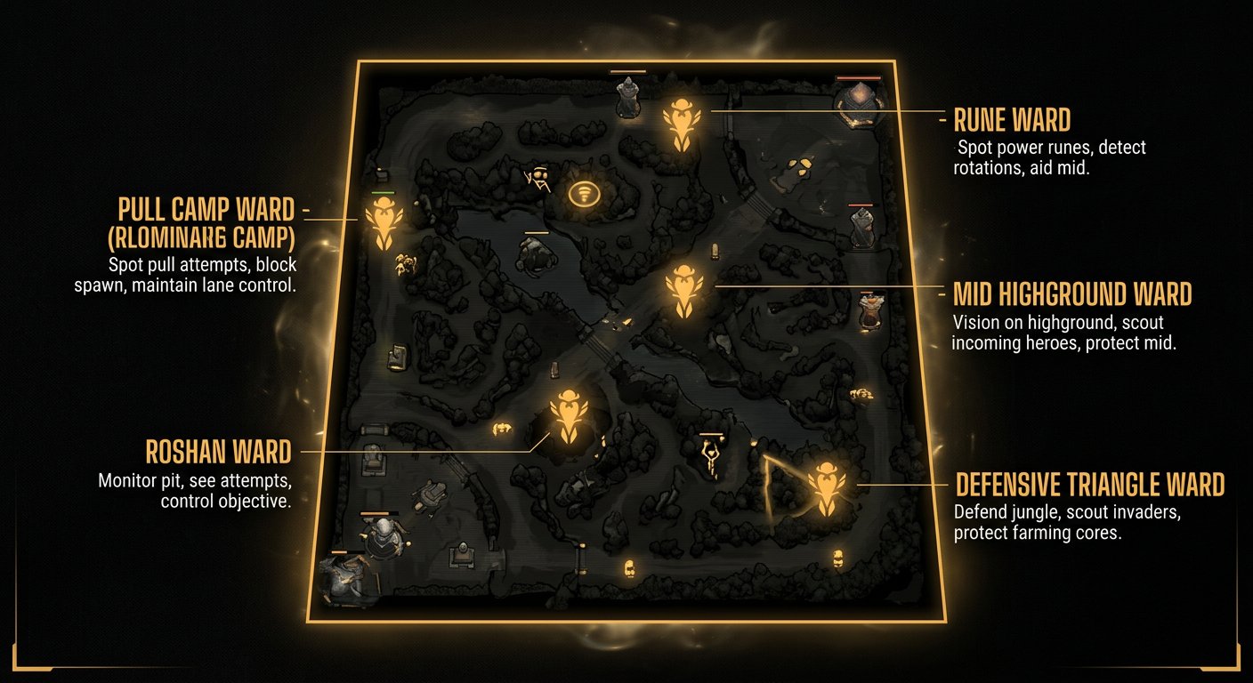 Ward placement guide showing five key Pos 5 ward spots on the Dota 2 map for Guardian bracket - pull camp ward, rune ward, mi