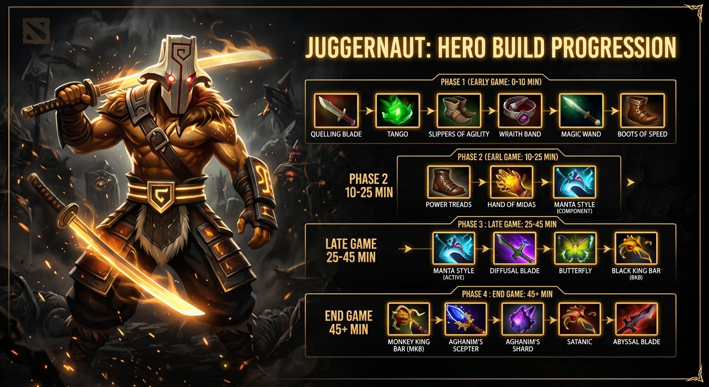 Juggernaut hero portrait with item build progression graphic