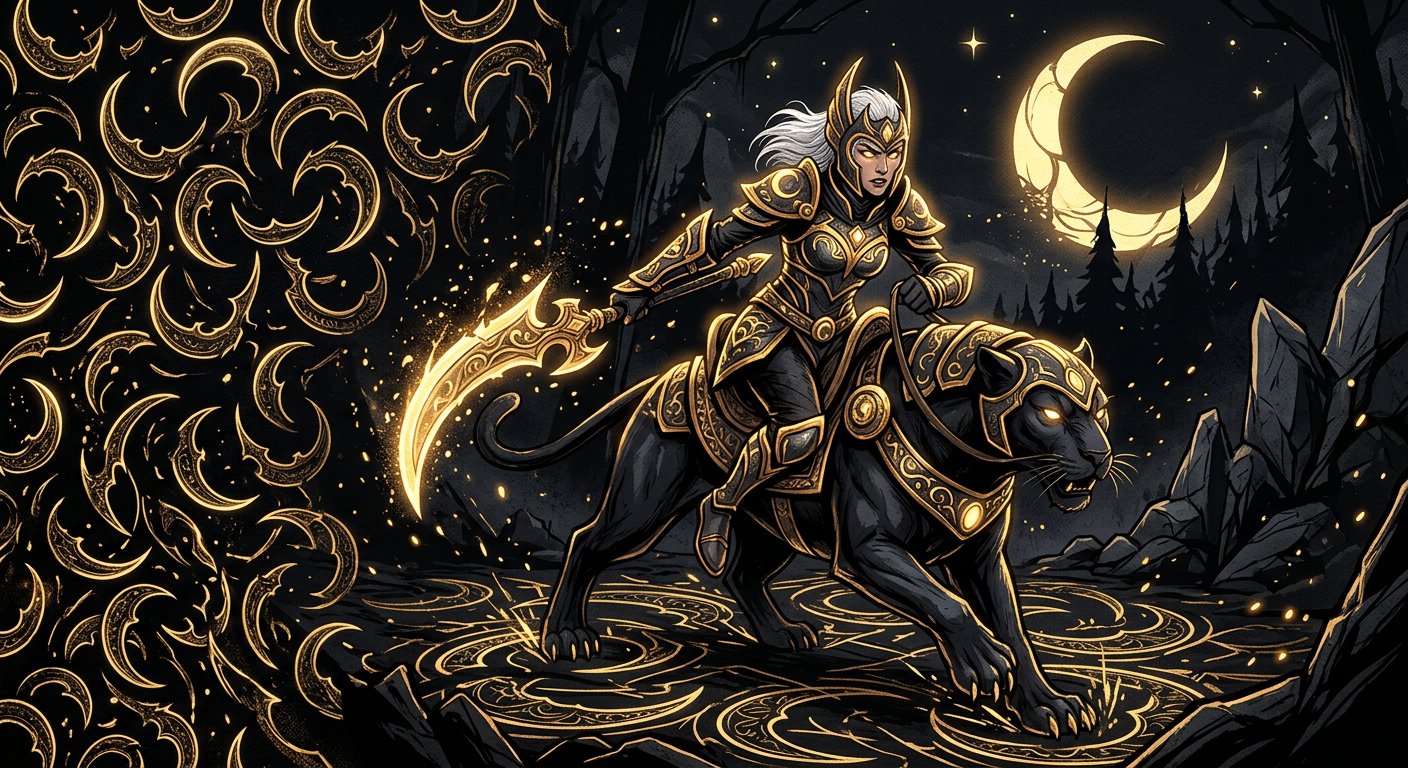 Luna hero portrait with Moon Glaives farm pattern illustration