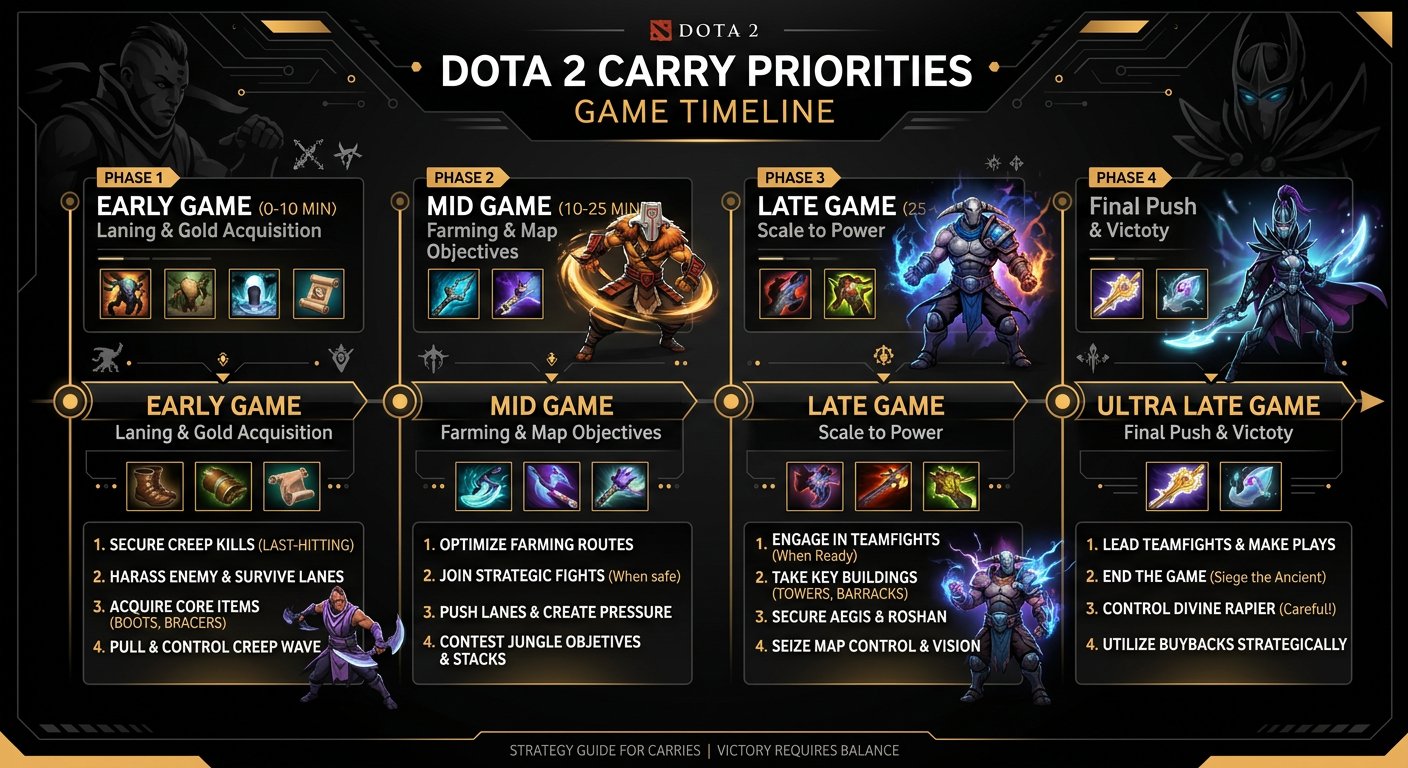 Game timeline infographic showing carry priorities at each phase
