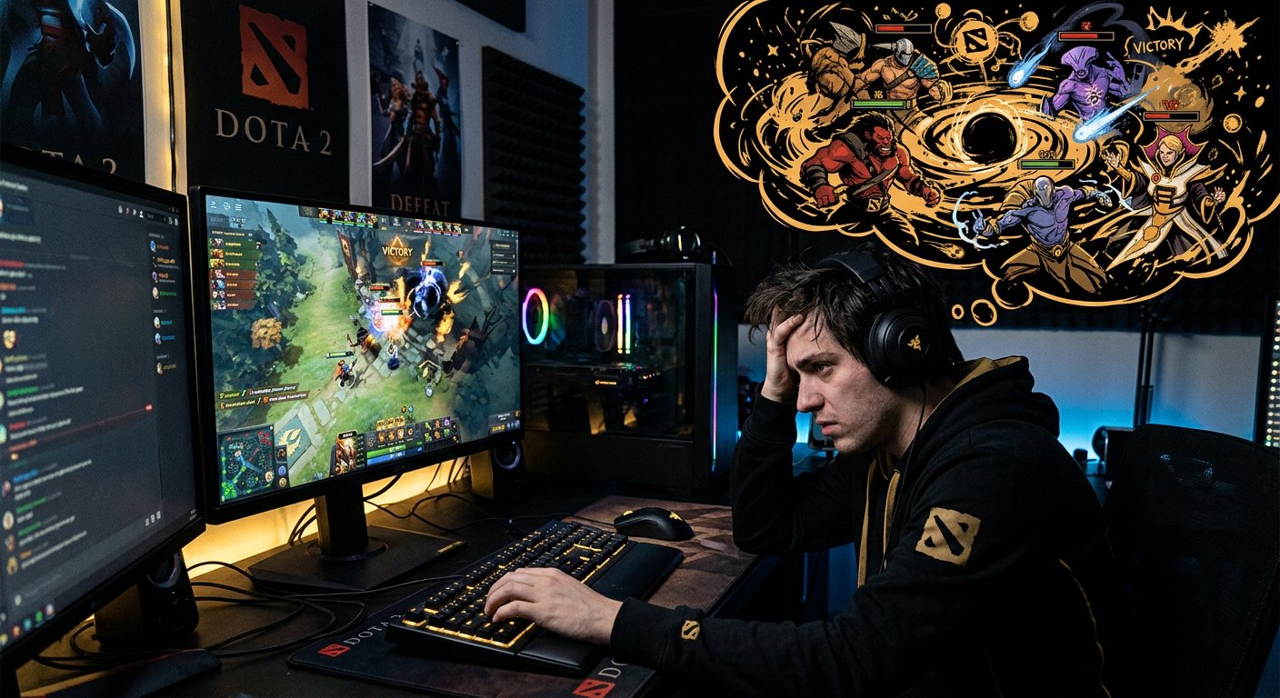 Frustrated gamer at computer with thought bubble showing chaotic Dota 2 teamfight