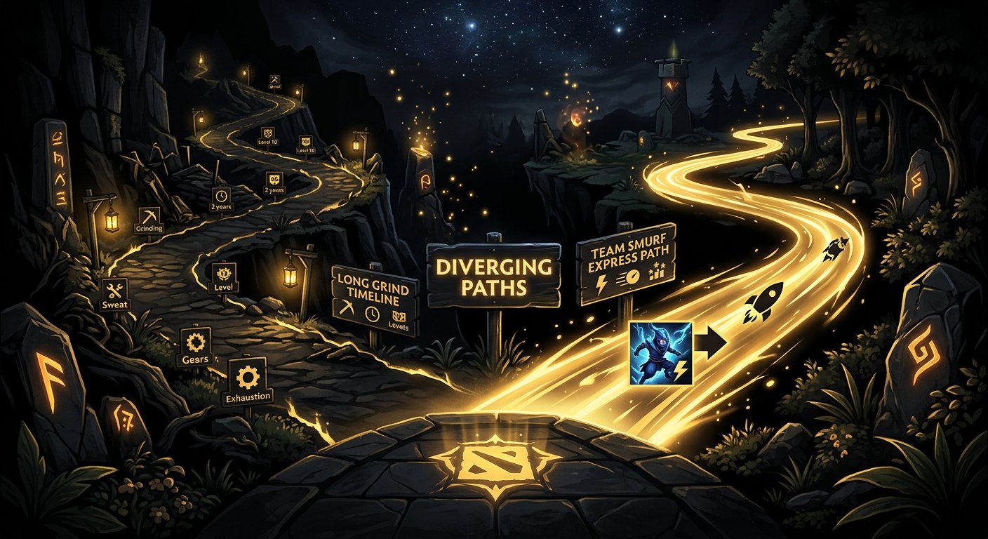 Two paths diverging — one showing long grind timeline, other showing Team Smurf express path