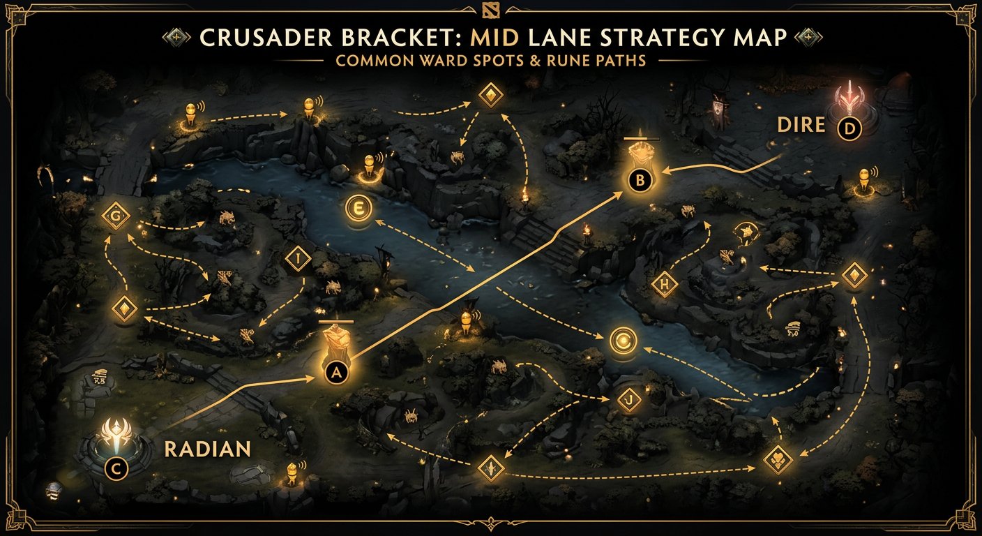 Mid lane overview map showing common ward spots and rune paths for Crusader bracket