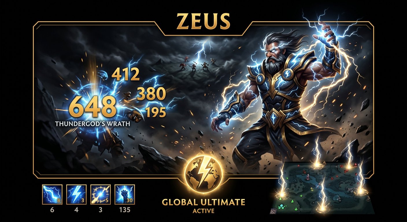 Zeus hero portrait with damage numbers and global ultimate visualization