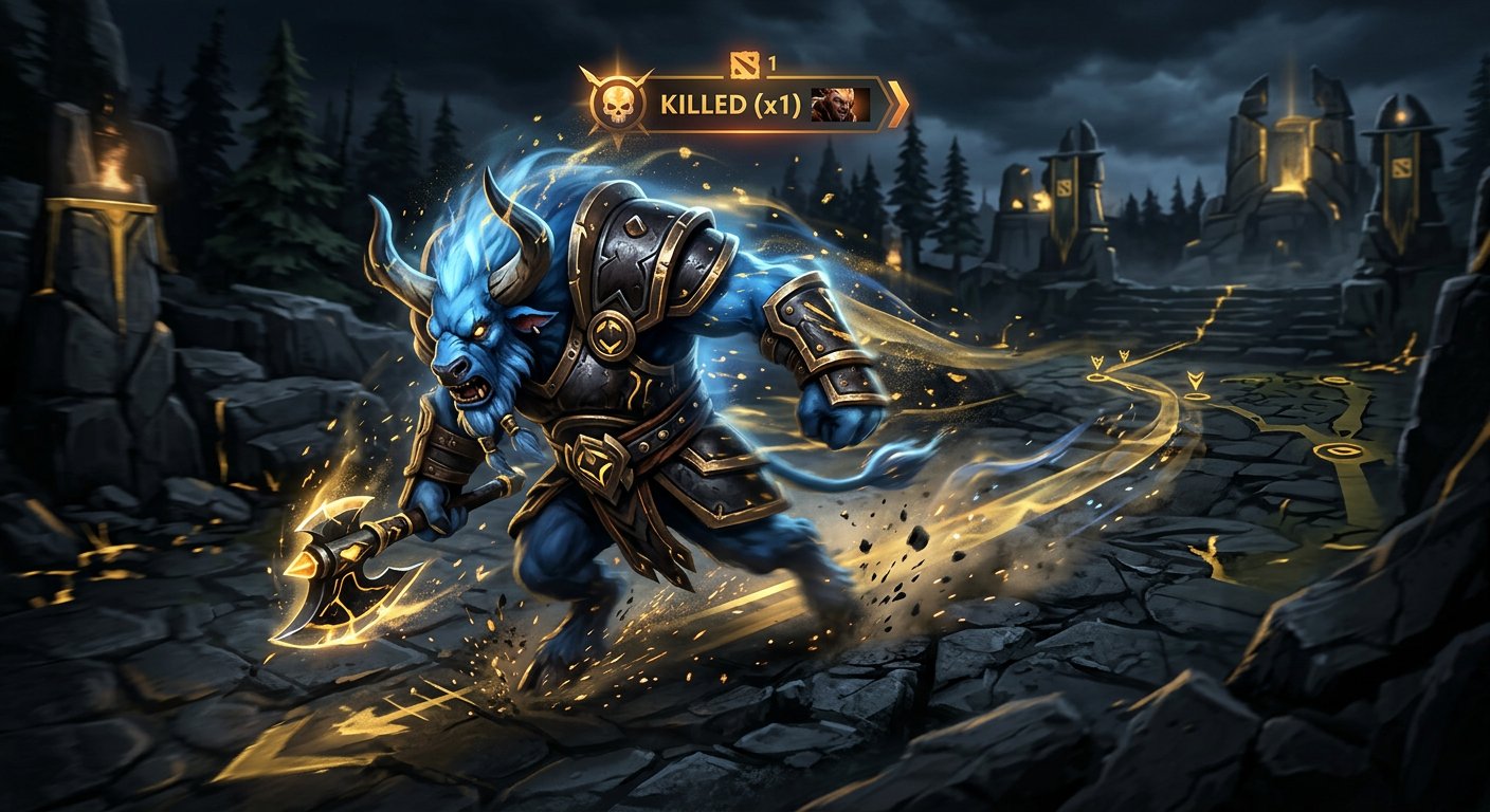 Spirit Breaker mid charging across the map with kill indicators