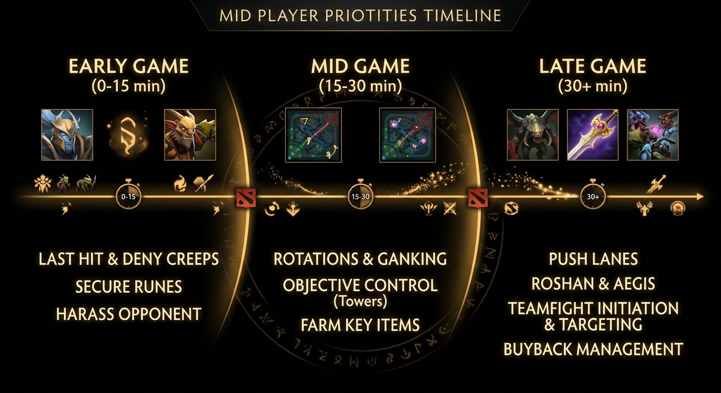 Game timeline infographic showing mid player priorities at each phase