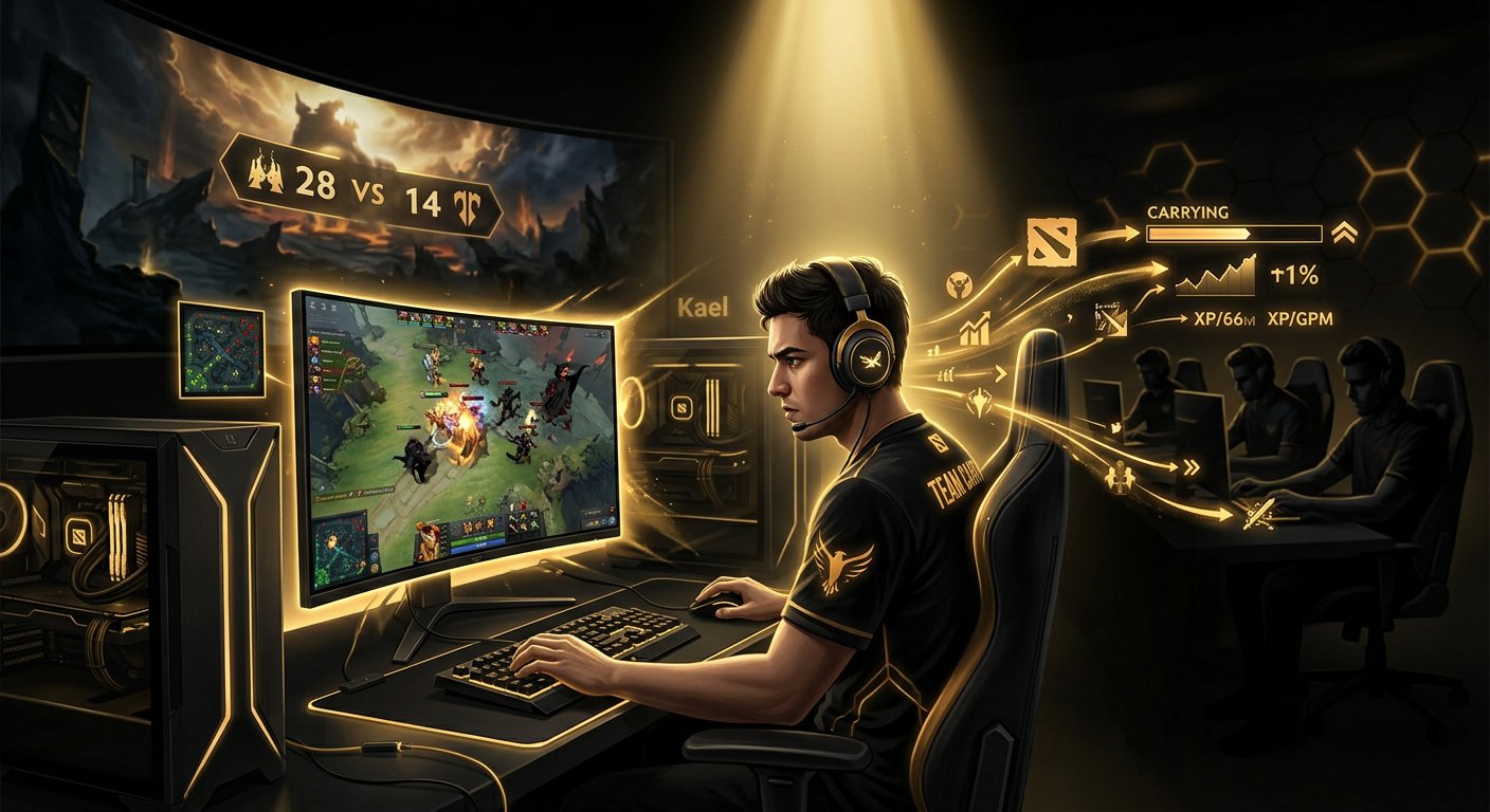Mid player carrying team with spotlight effect, showing team impact visualization