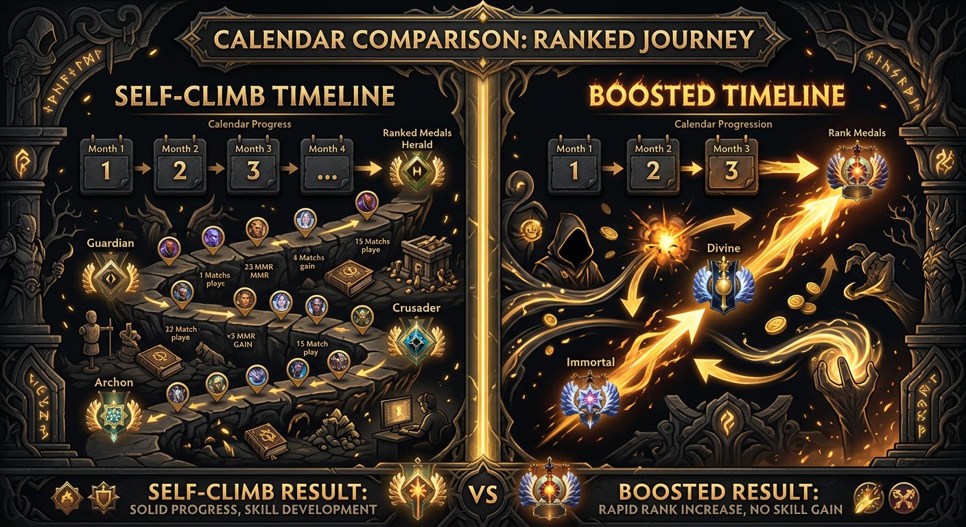 Calendar comparison showing self-climb vs boosted timeline