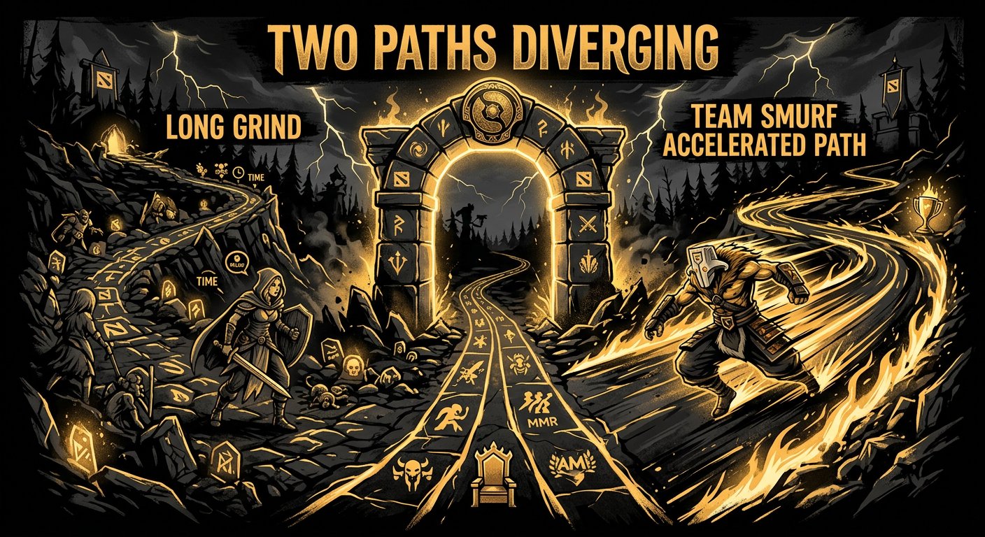 Two paths diverging — long grind vs Team Smurf accelerated path