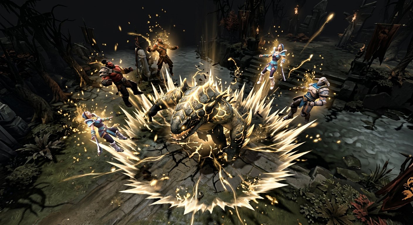 Tidehunter Ravage teamfight screenshot with multiple enemies stunned