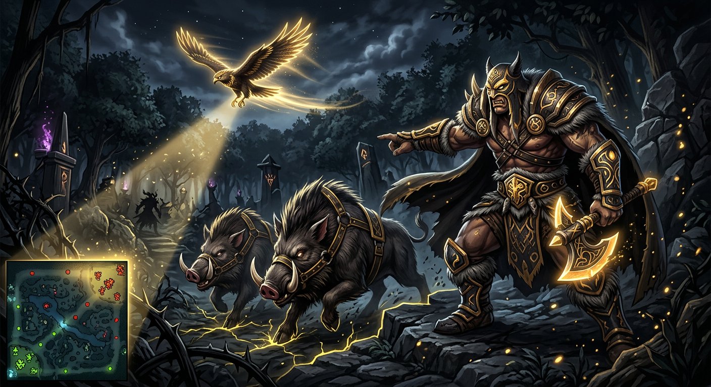 Beastmaster with boars and hawk showing vision advantage