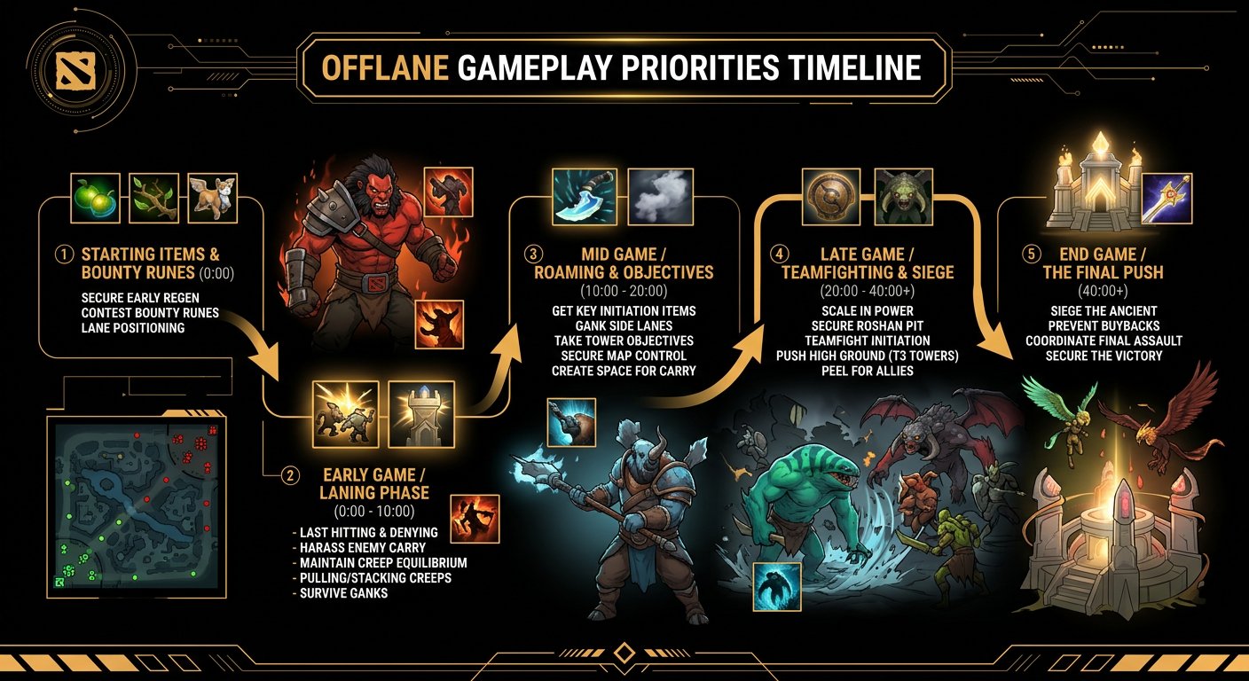 Game timeline infographic showing offlane priorities at each phase