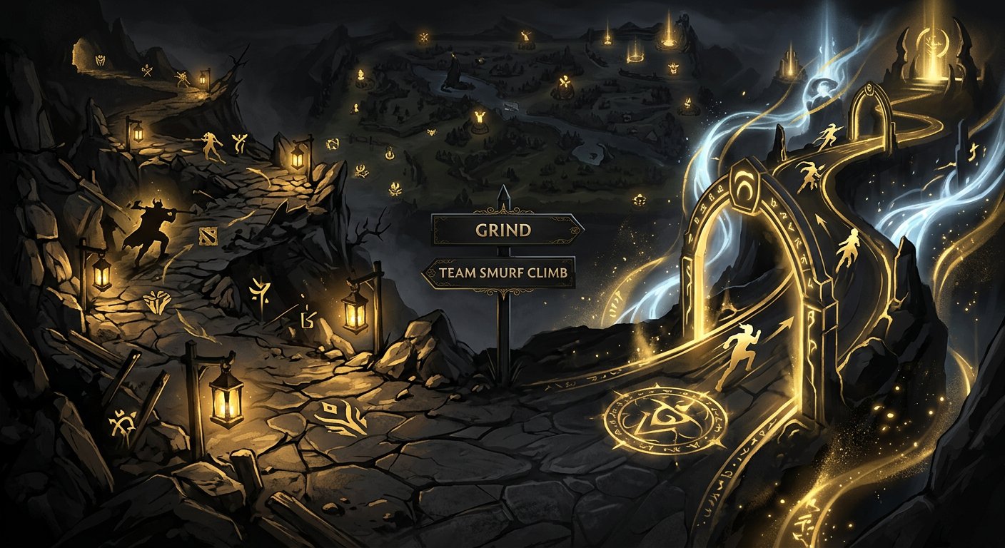 Two paths diverging — grind vs Team Smurf accelerated climb