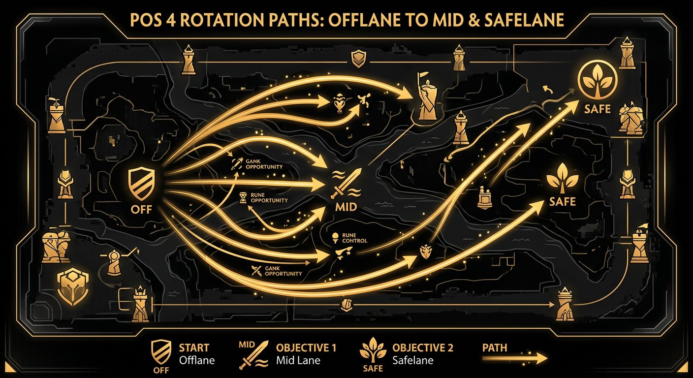Map showing Pos 4 rotation paths from offlane to mid and safelane